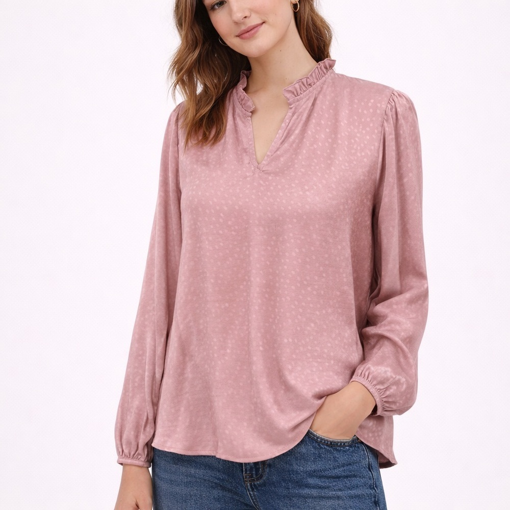 Andrée by Unit Blush Pink Ruffle Neck Satin Blouse Small NWT